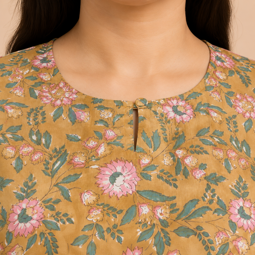 Mustard Handblock Print Cotton Kurta