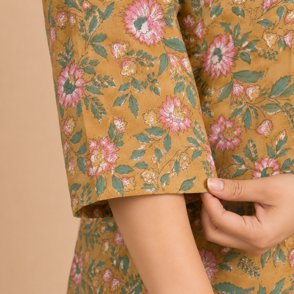 Mustard Handblock Print Cotton Kurta