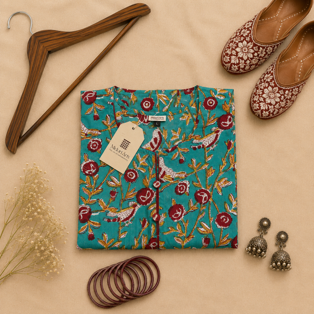 Turquoise Handblock Print Cotton Kurta