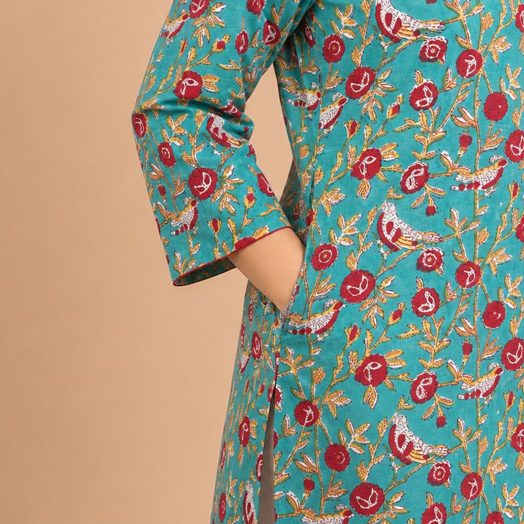 Turquoise Handblock Print Cotton Kurta