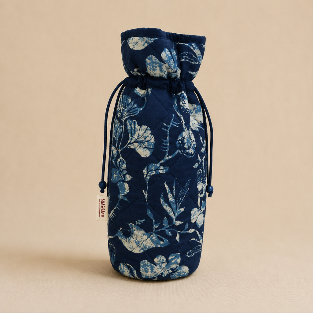 Handcrafted Navy Blue Block Print Quilted Bottle Cover