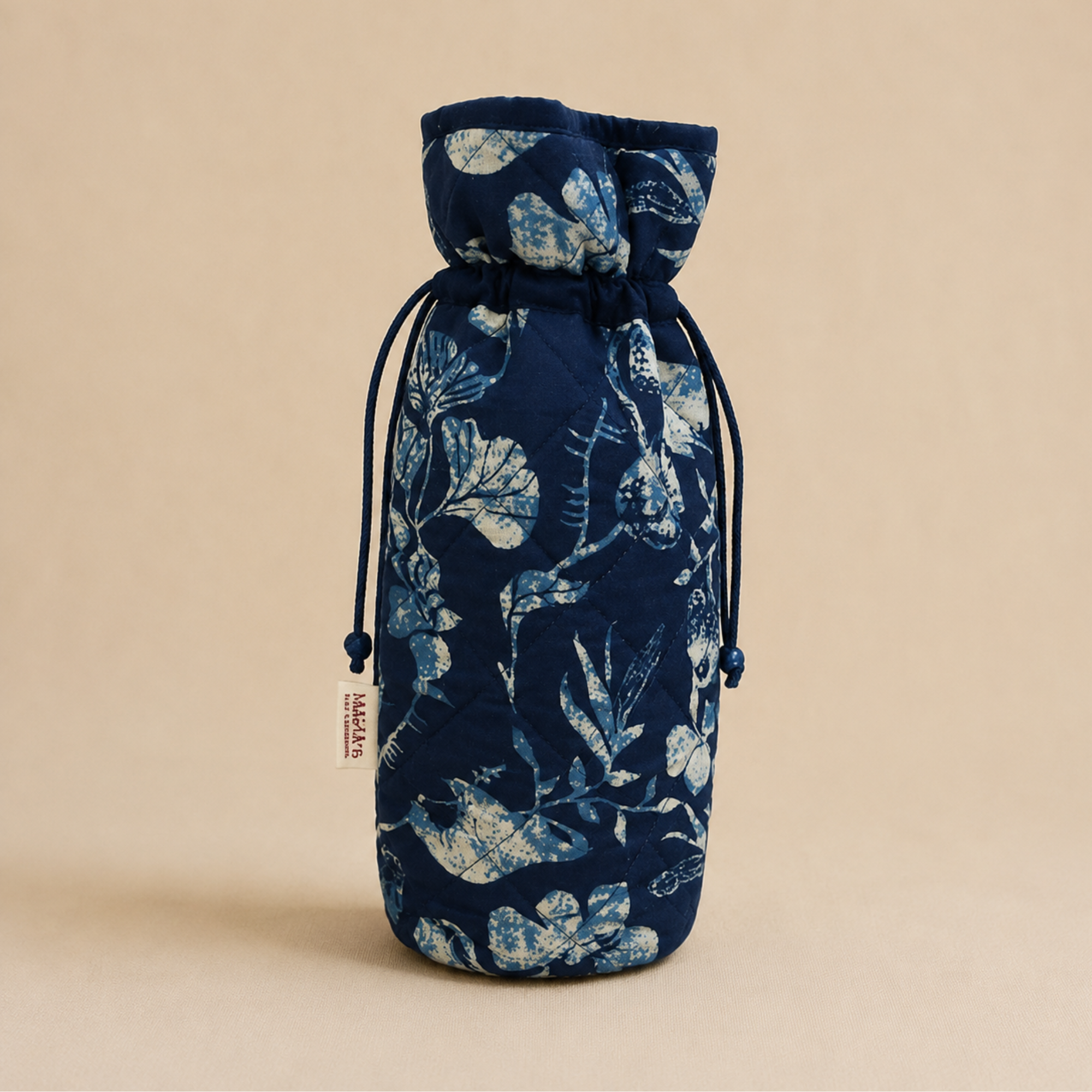 Handcrafted Navy Blue Block Print Quilted Bottle Cover