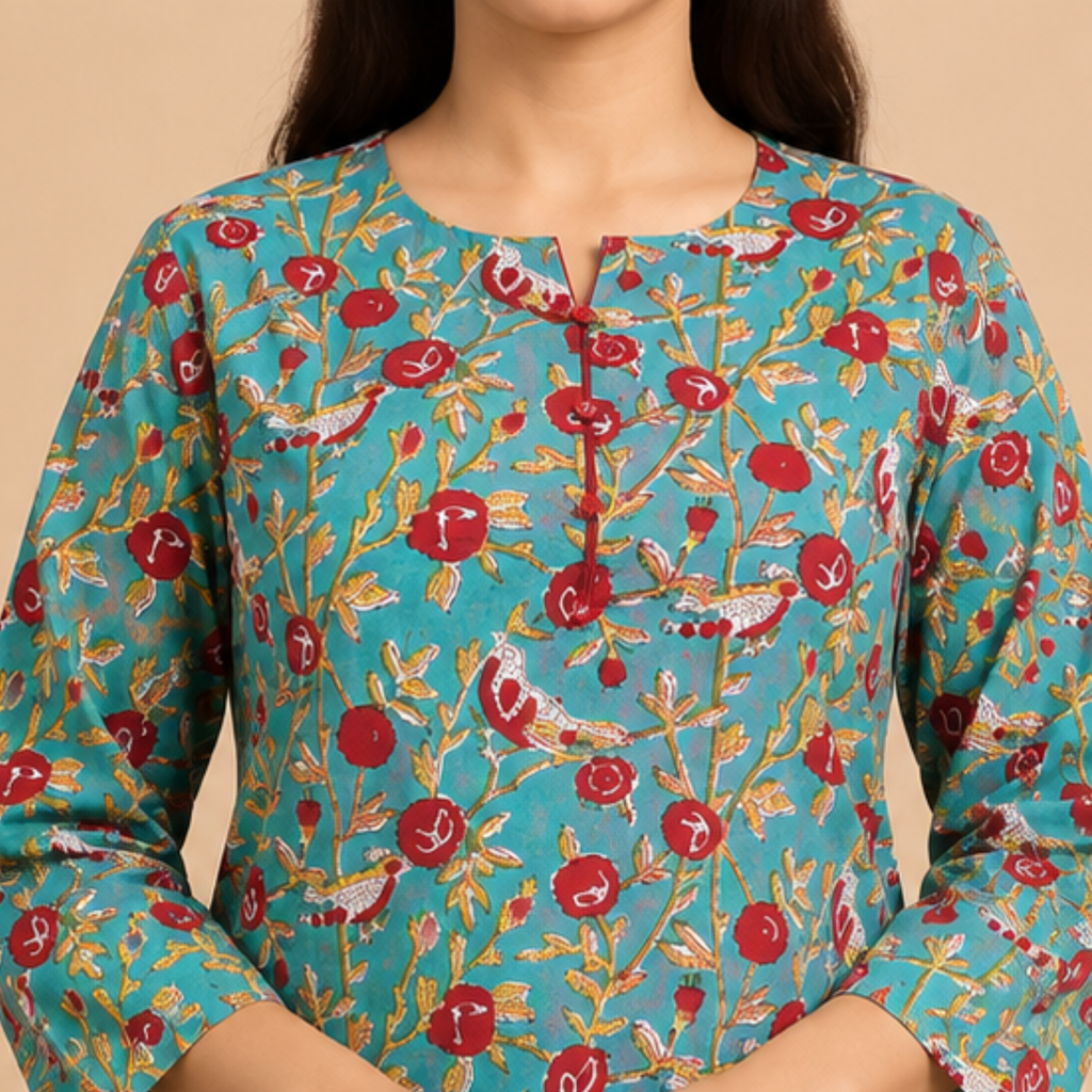 Turquoise Handblock Print Cotton Kurta