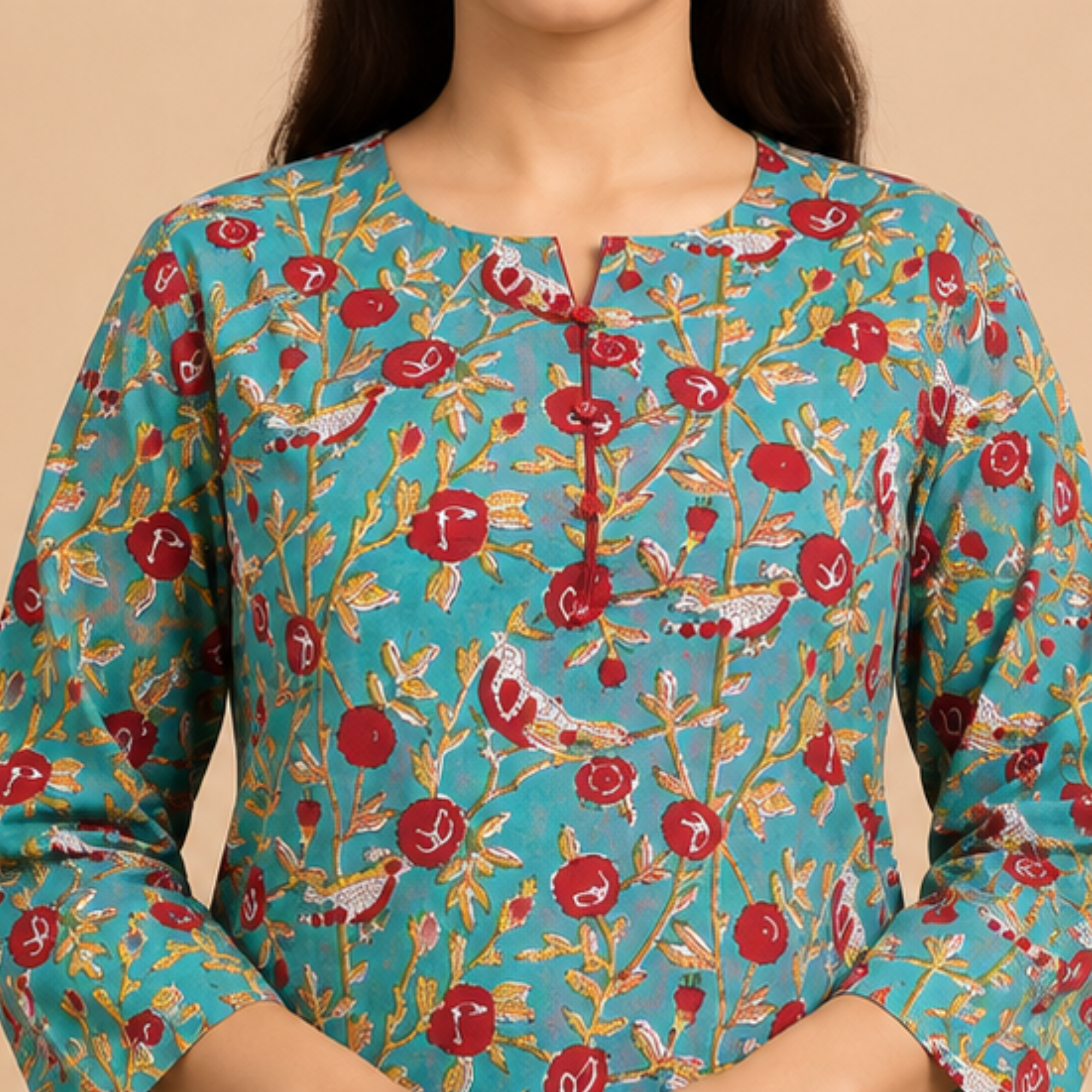 Turquoise Handblock Print Cotton Kurta