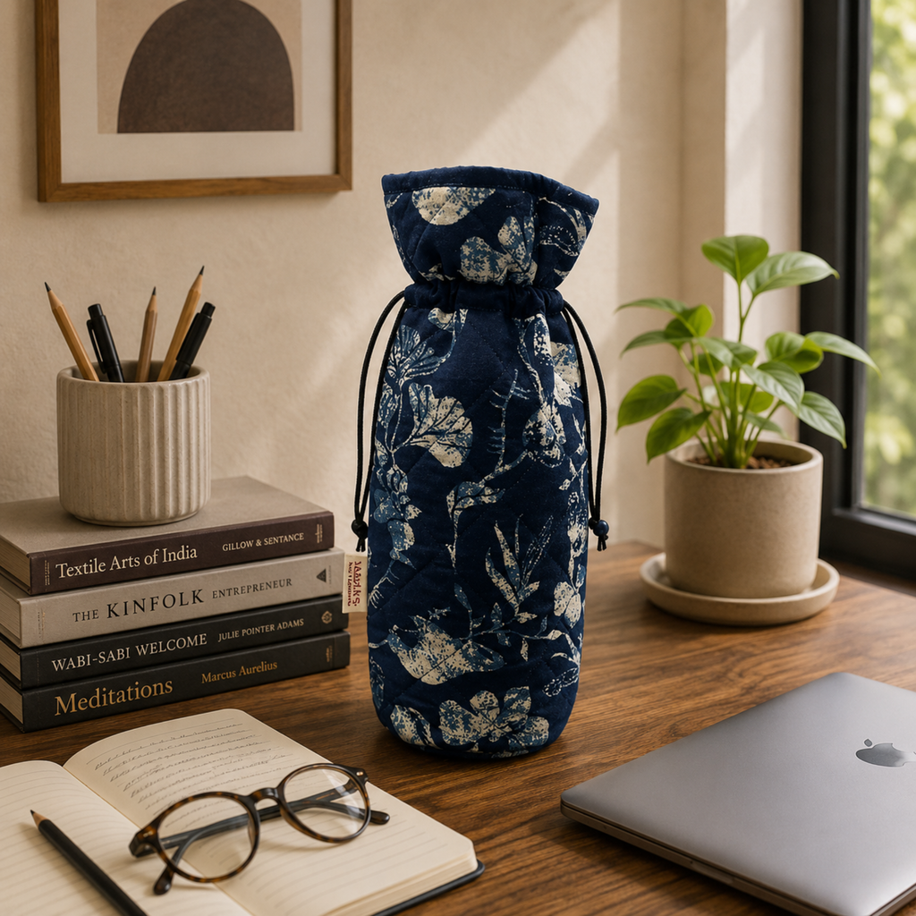 Handcrafted Navy Blue Block Print Quilted Bottle Cover
