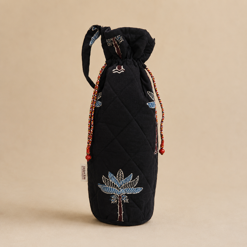 Black Handcrafted Block Print Quilted Bottle Cover