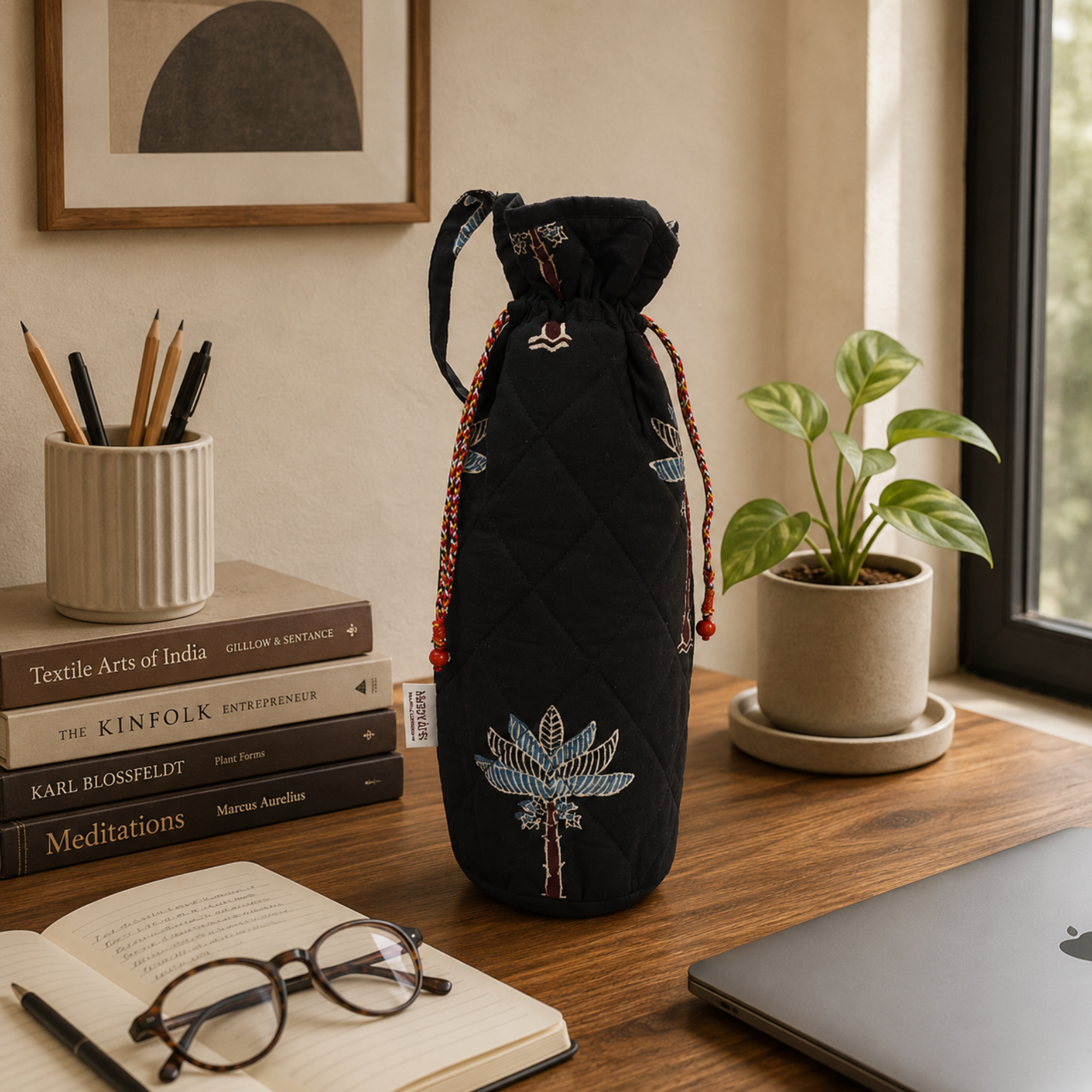 Black Handcrafted Block Print Quilted Bottle Cover