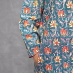 Teal Floral Handblock Print Cotton Kurta