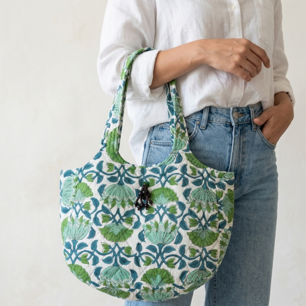 Green Floral Handblock Boat Curve Quilted Tote