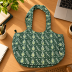 Green Handblock Boat Curve Quilted Tote