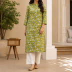 Lime Green - Handblock Print Cotton Kurta