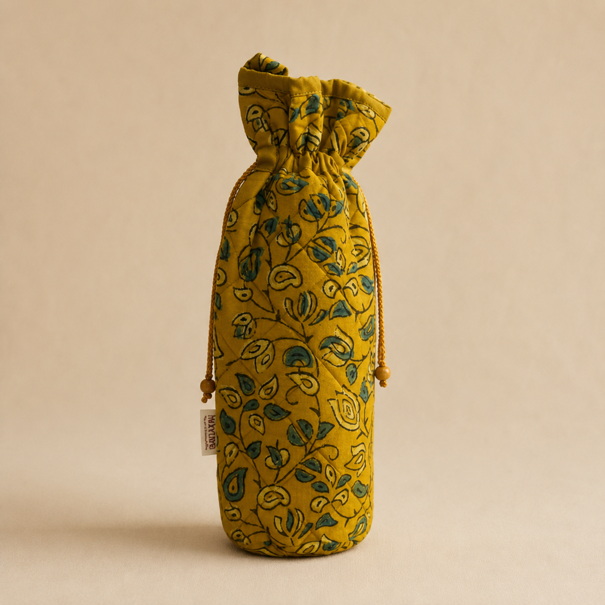 Handcrafted Block Print Quilted Bottle Cover - Mustard