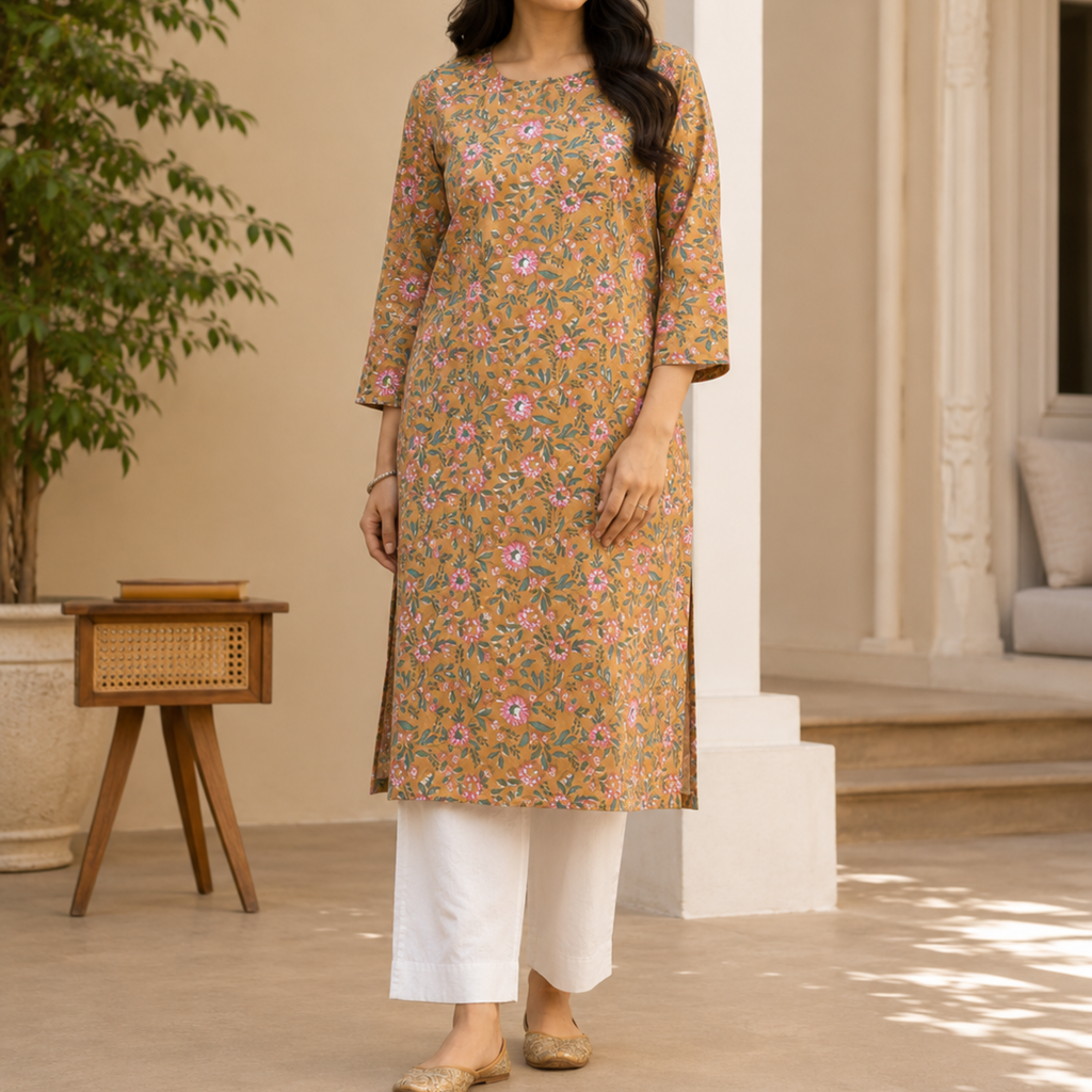 Mustard Handblock Print Cotton Kurta