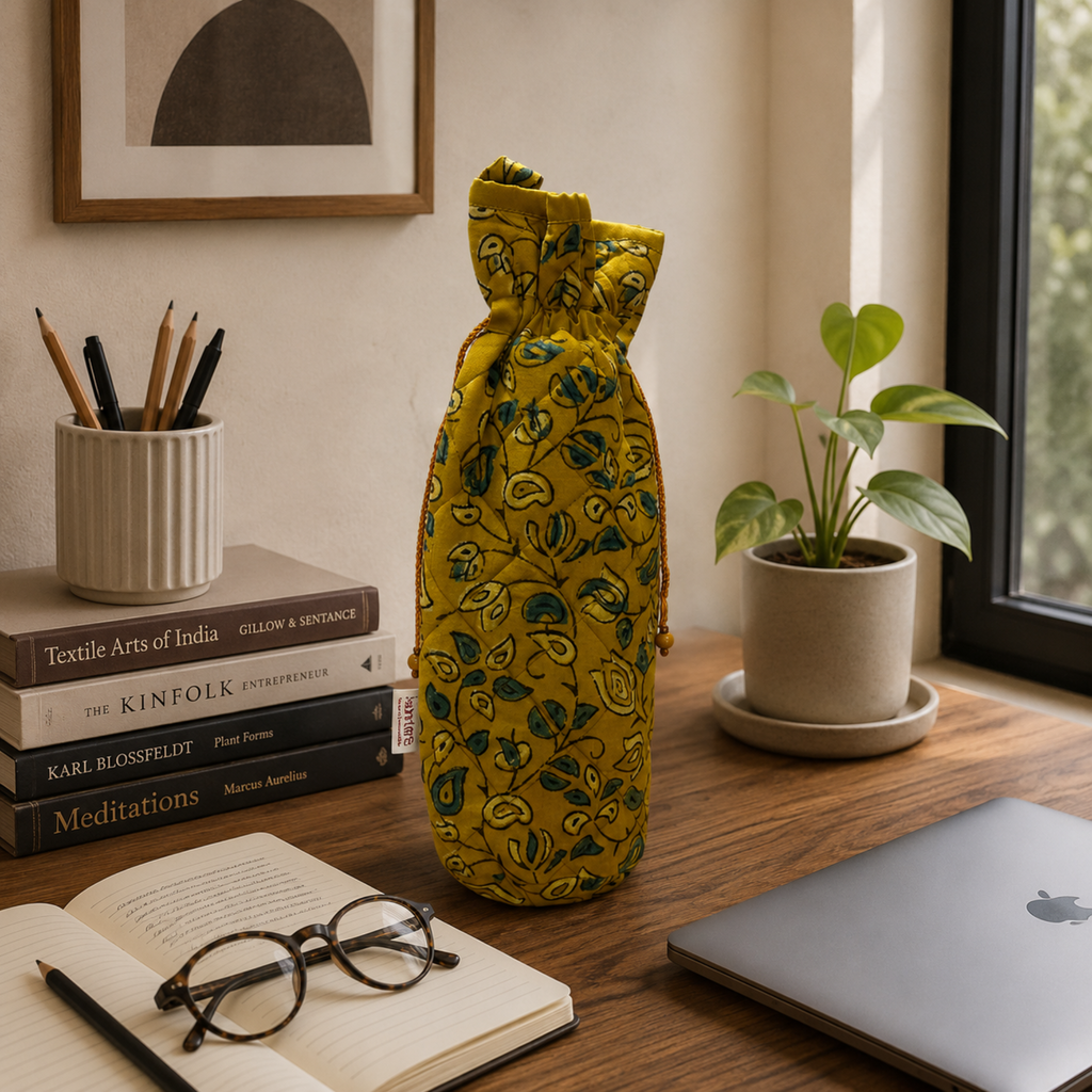 Handcrafted Block Print Quilted Bottle Cover - Mustard