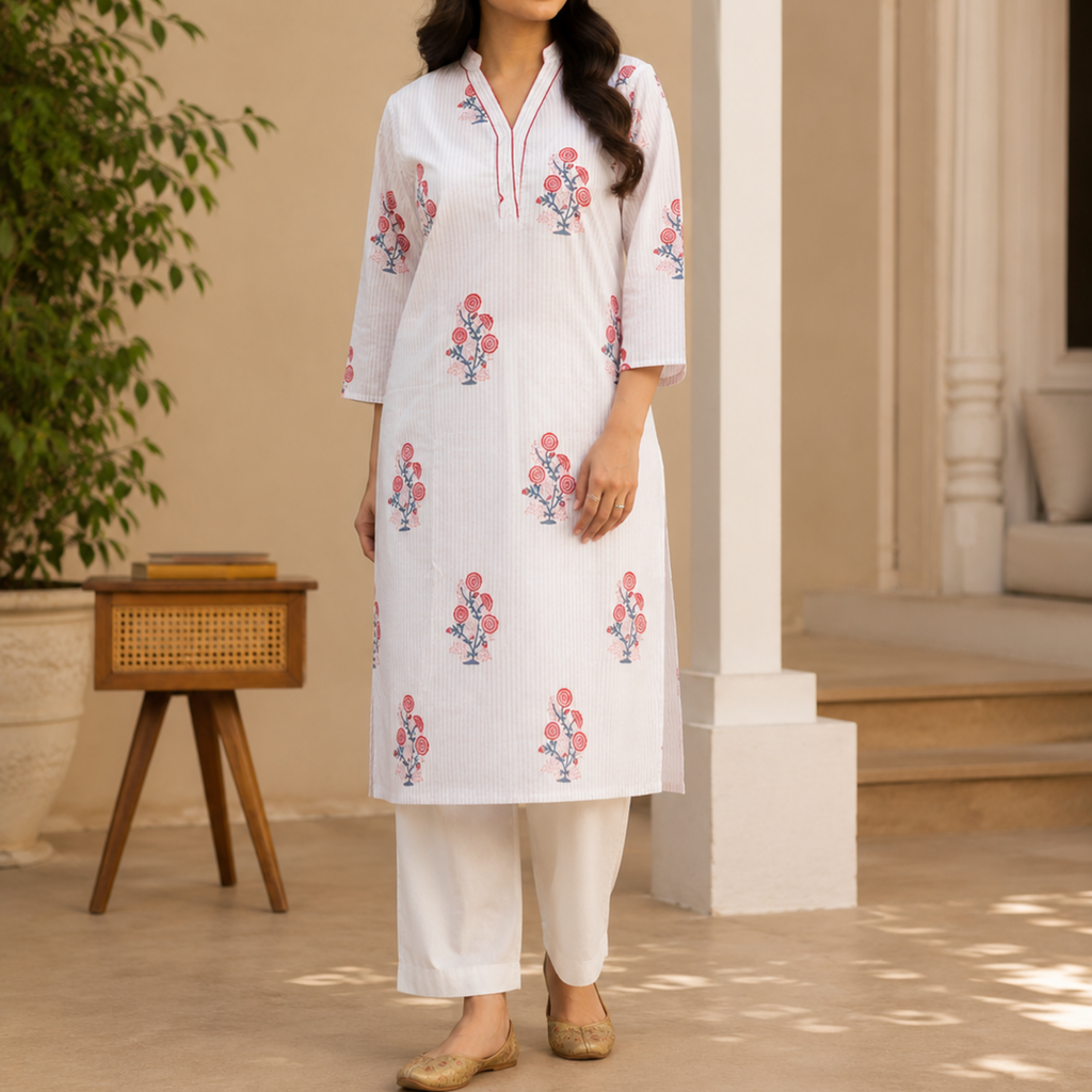 White Handblock Print Cotton Kurta
