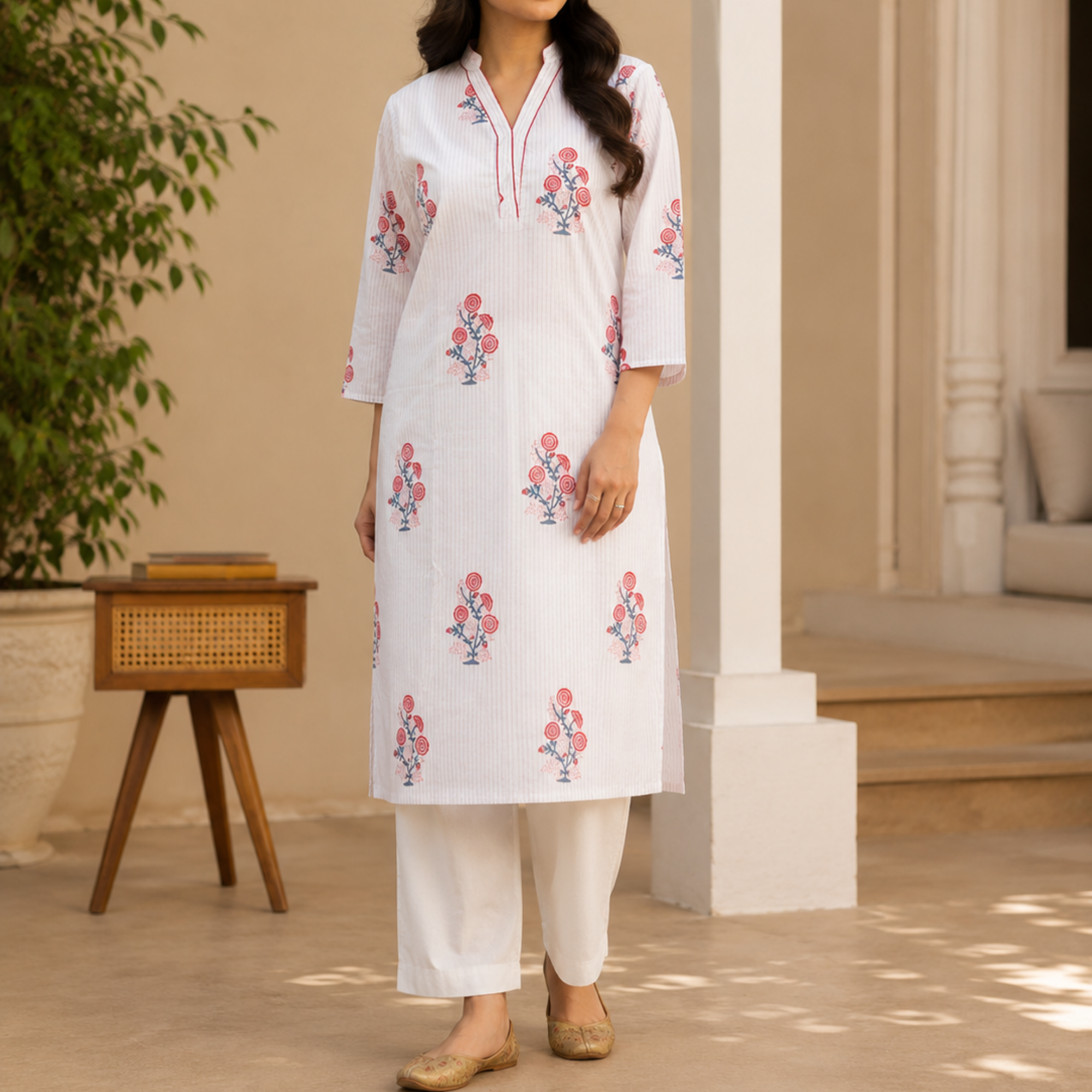 White Handblock Print Cotton Kurta