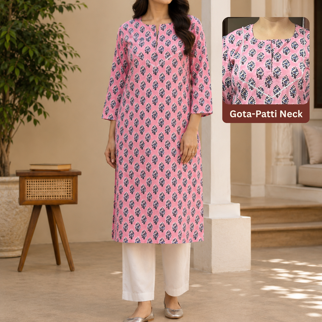 Pink Handblock Print Cotton Kurta