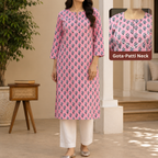 Pink Handblock Print Cotton Kurta