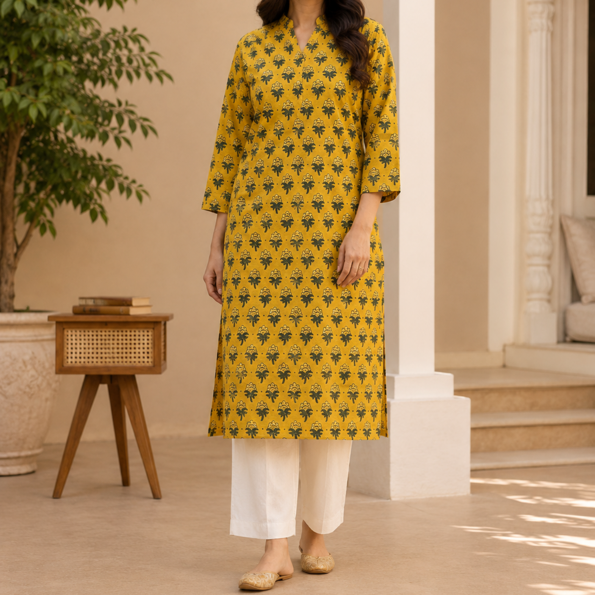 Mustard Ajrakh Print Cotton Kurta