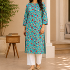 Turquoise Handblock Print Cotton Kurta