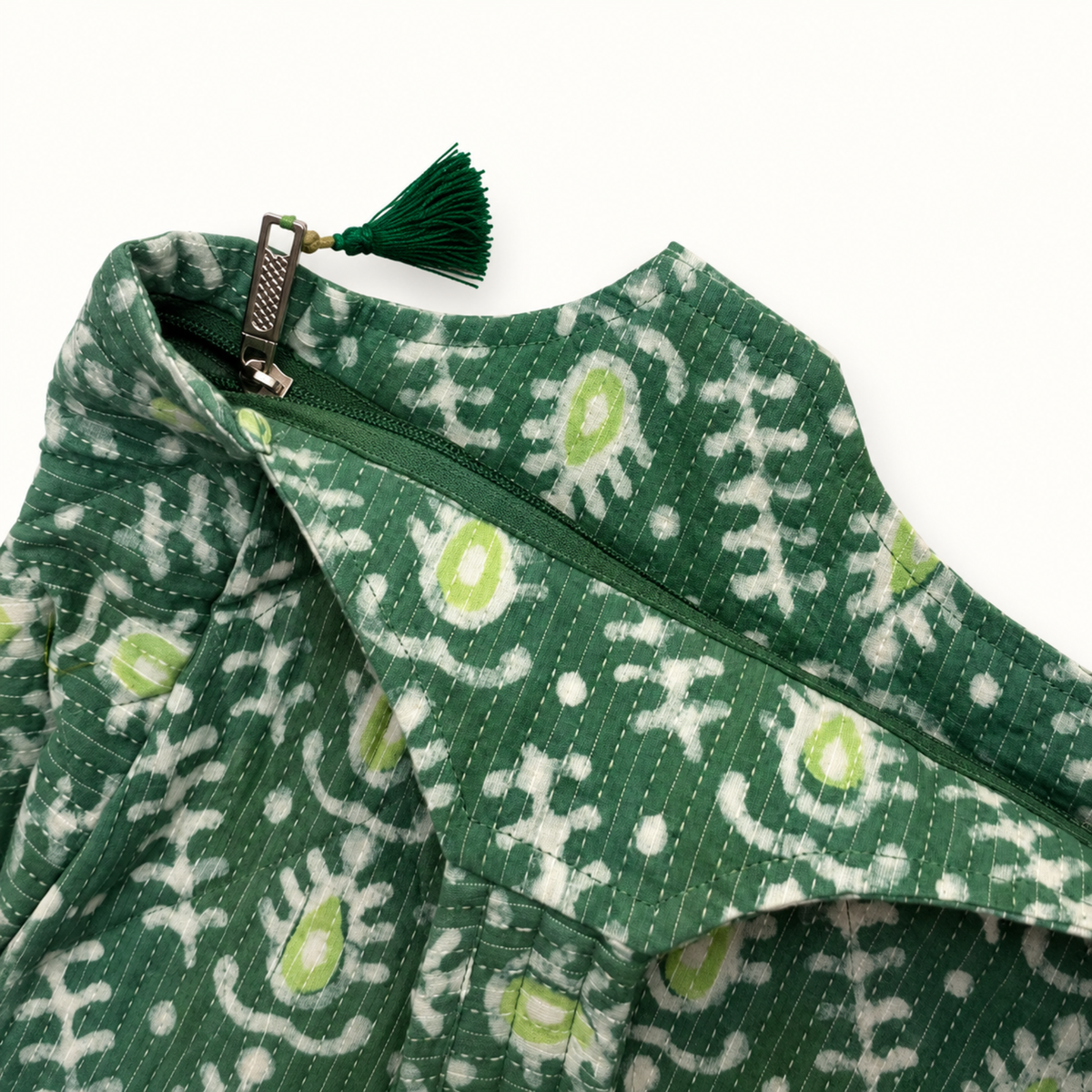 Green Handblock Boat Curve Quilted Tote
