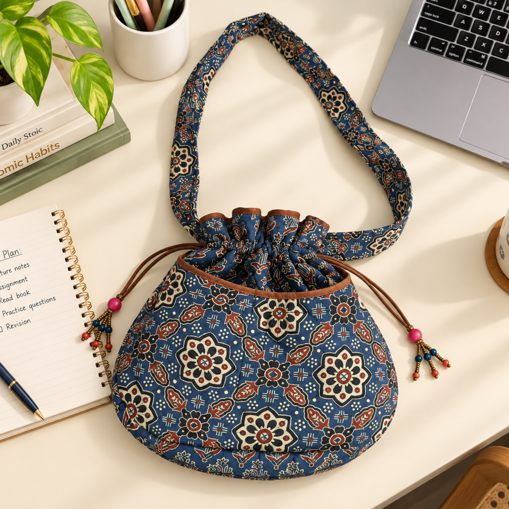 Indigo Ajrakh Quilted Potli Bag