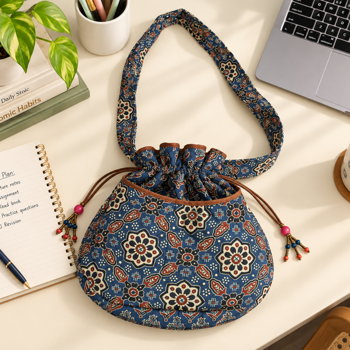 Indigo Ajrakh Quilted Potli Bag