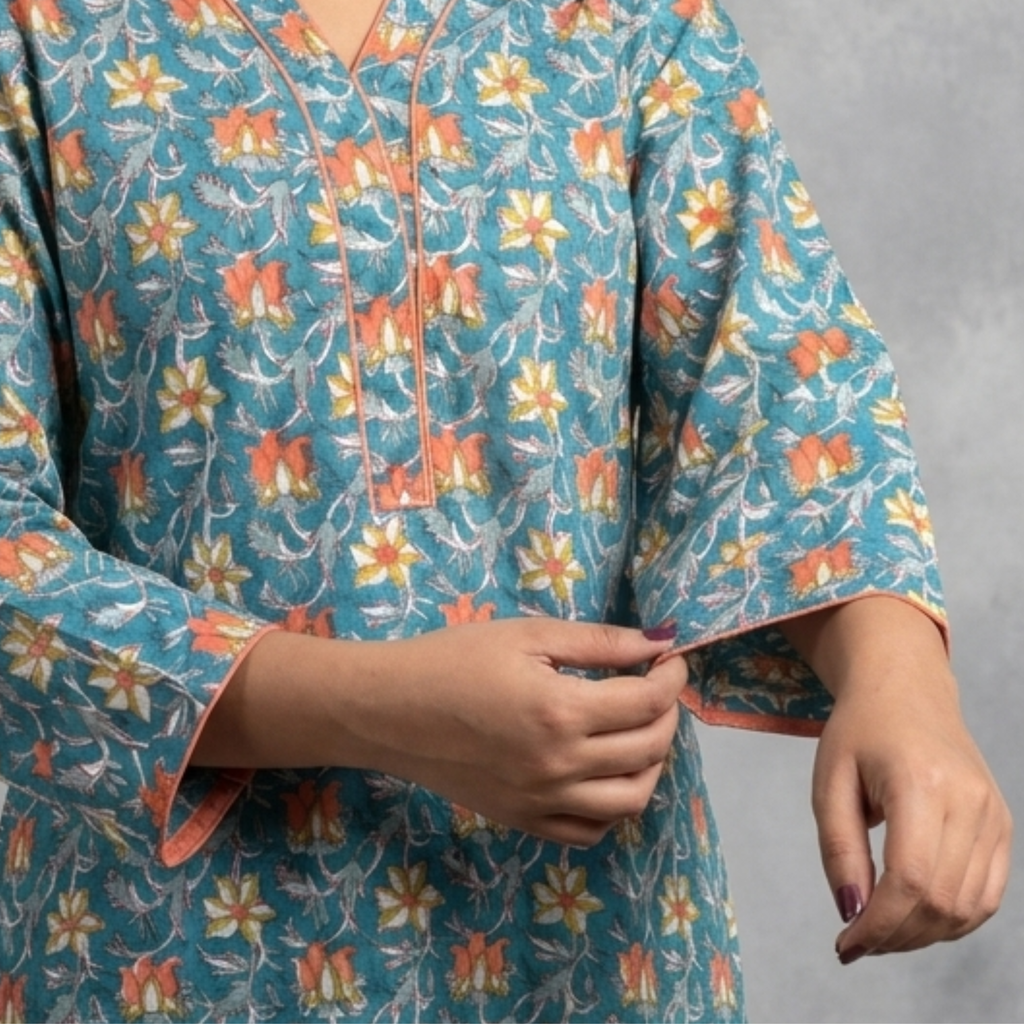 Teal Floral Handblock Print Cotton Kurta