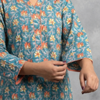 Teal Floral Handblock Print Cotton Kurta