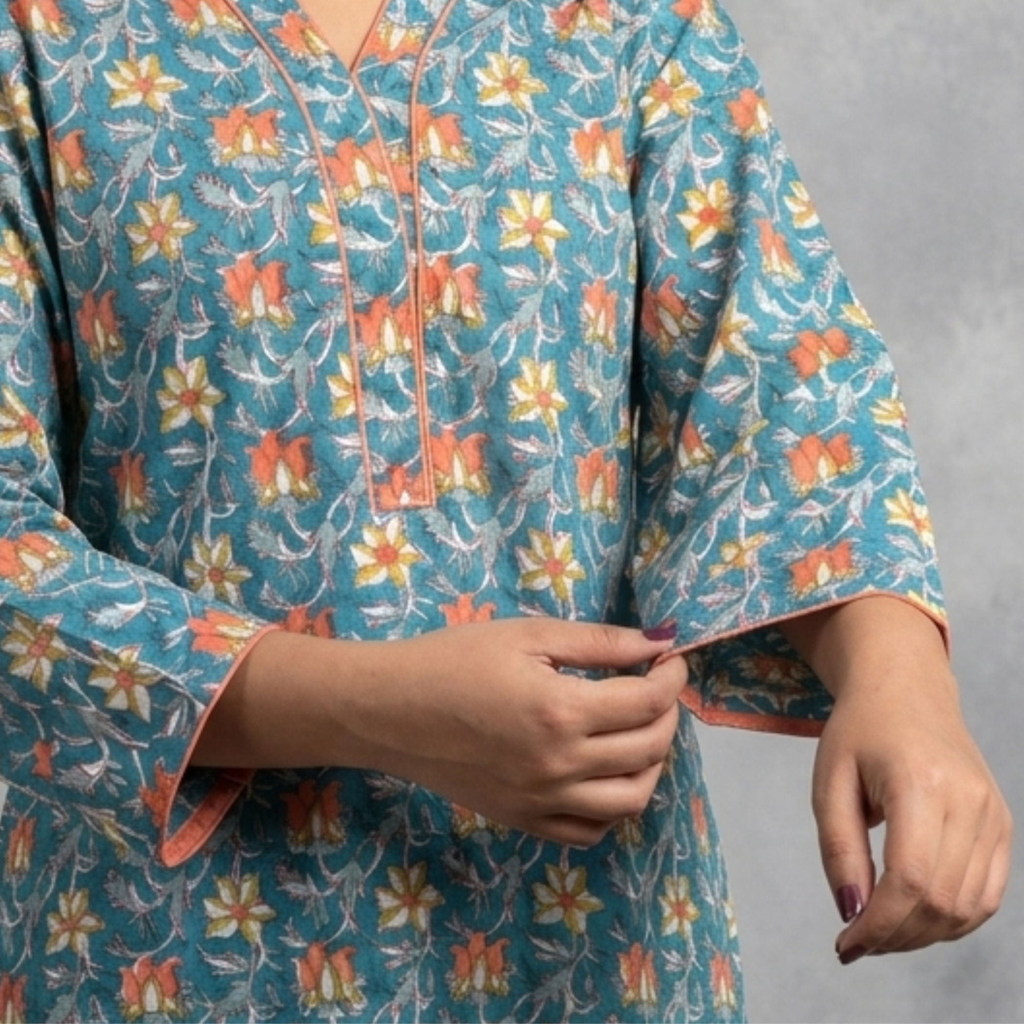 Teal Floral Handblock Print Cotton Kurta