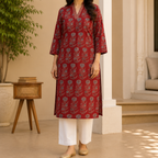 Maroon Ajrakh Print Cotton Kurta