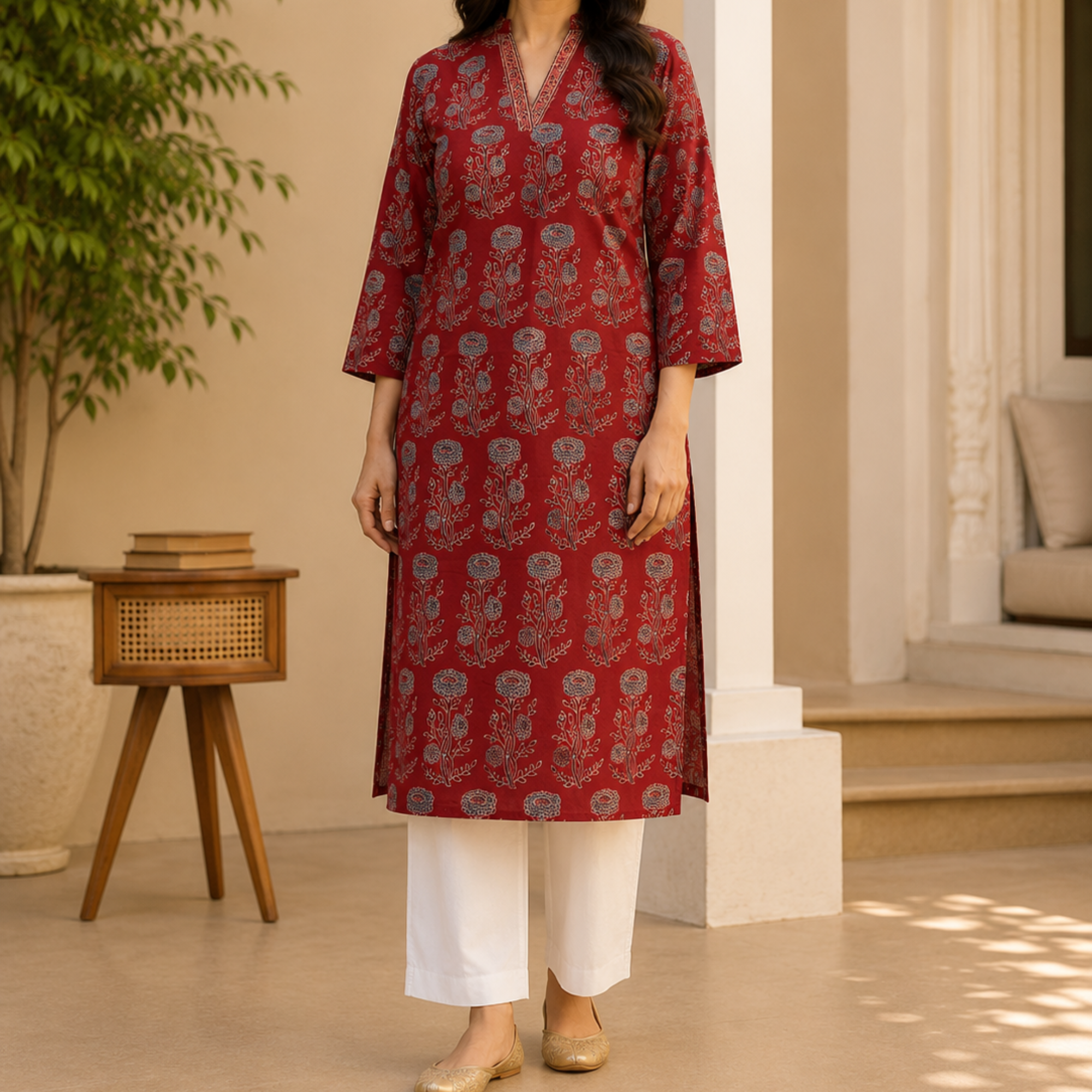 Maroon Ajrakh Print Cotton Kurta