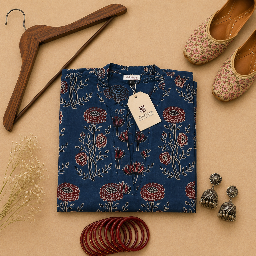 Indigo Ajrakh Print Cotton Kurta