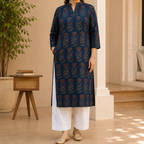 Indigo Ajrakh Print Cotton Kurta