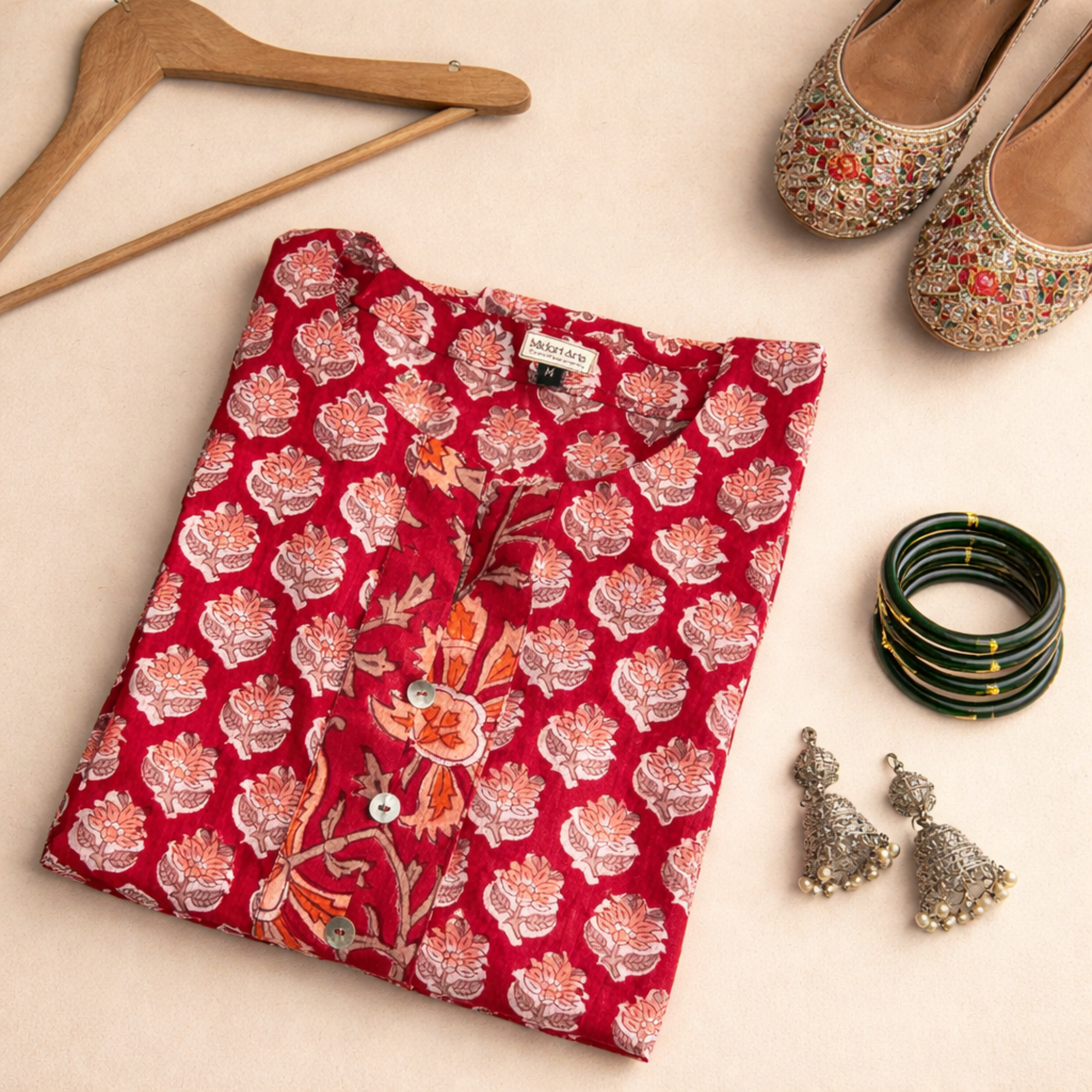 Red Floral Handblock Print Cotton Kurta