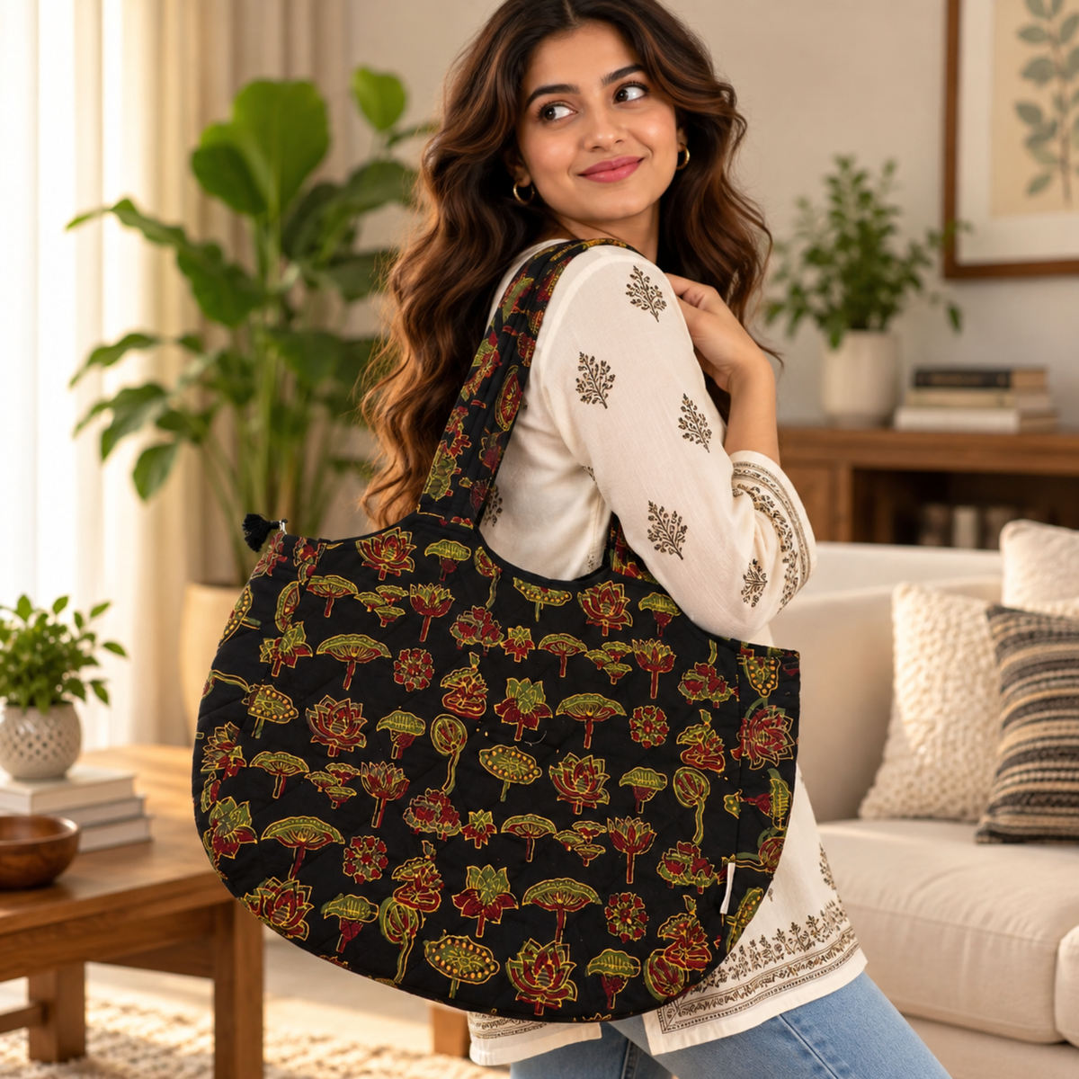 Black Ajrakh Boat Curve Quilted Tote