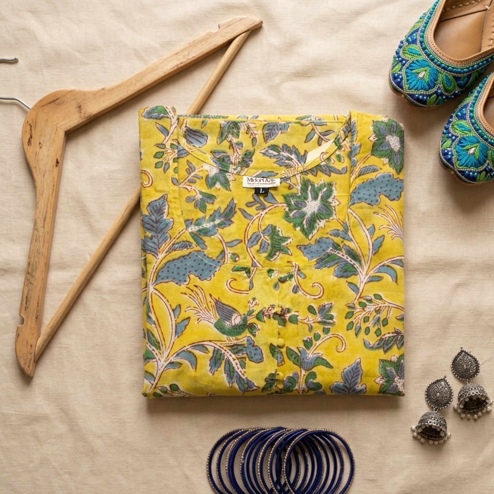 Yellow Handblock Print Cotton Kurta