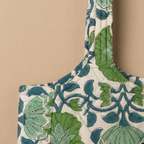 Green Floral Handblock Boat Curve Quilted Tote
