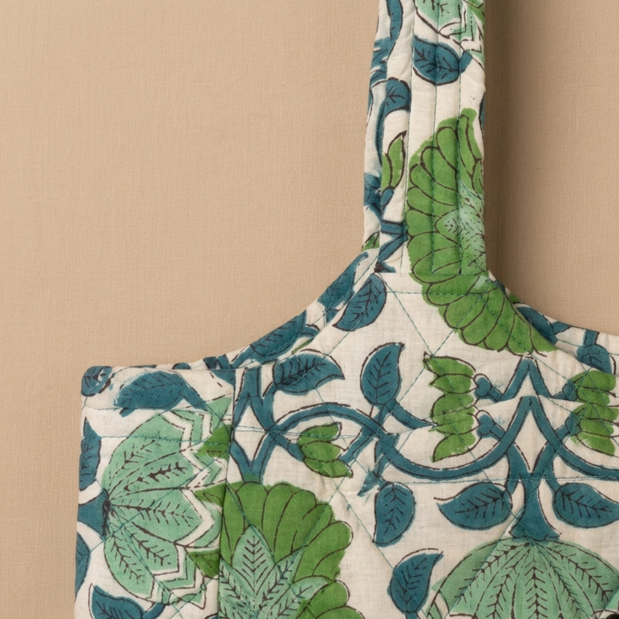 Green Floral Handblock Boat Curve Quilted Tote