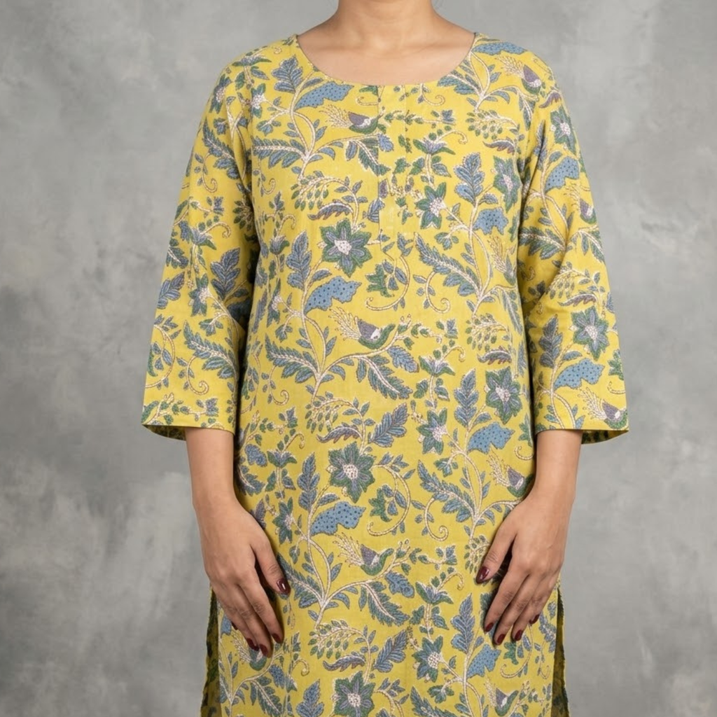 Yellow Handblock Print Cotton Kurta
