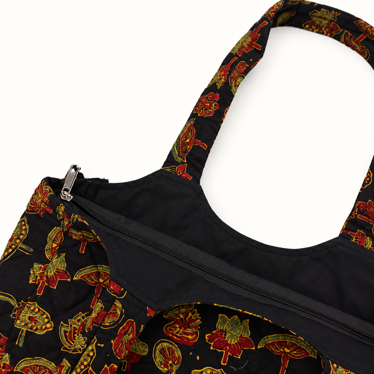 Black Ajrakh Boat Curve Quilted Tote