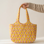 Yellow Handblock Boat Curve Quilted Tote