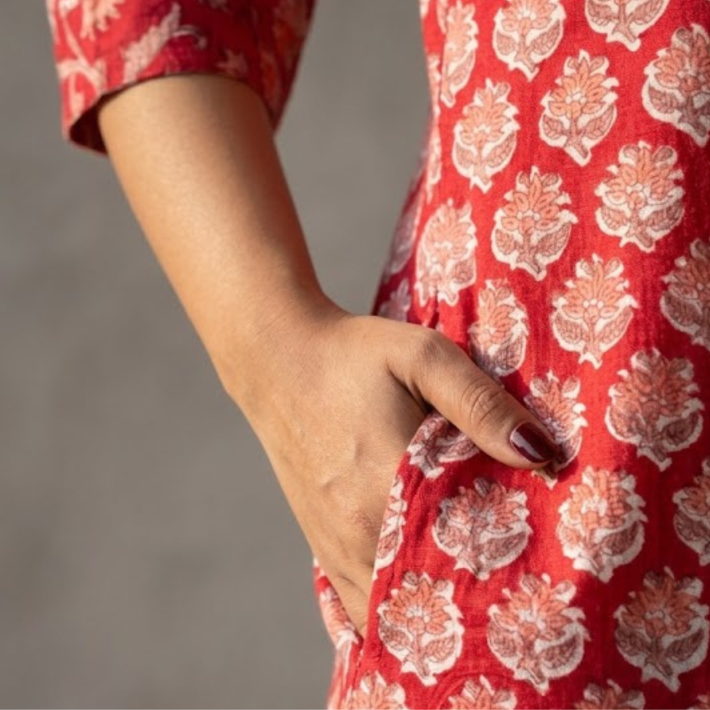 Red Floral Handblock Print Cotton Kurta