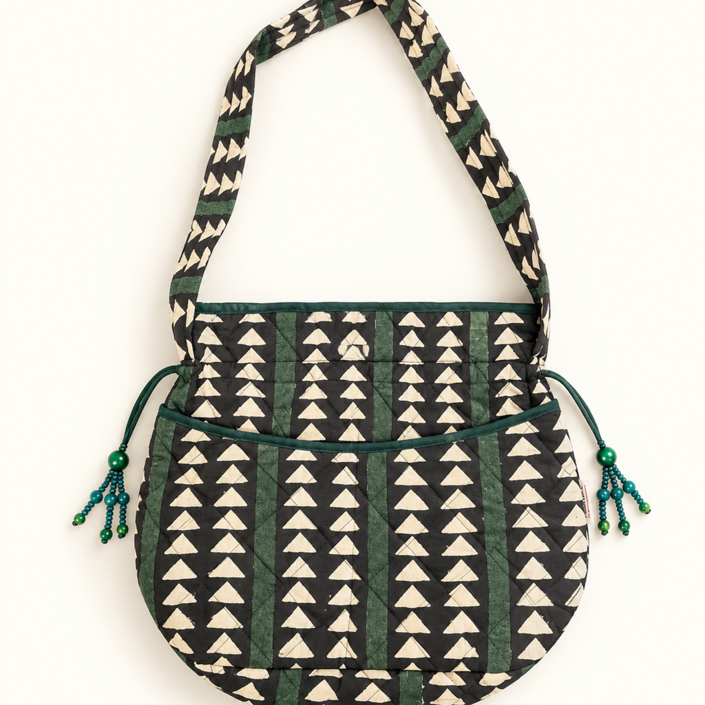 Green & Black Handblock Print Quilted Potli Bag