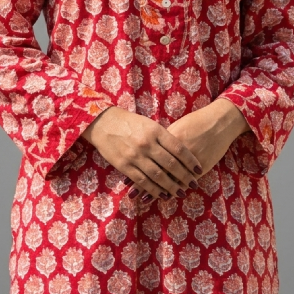 Red Floral Handblock Print Cotton Kurta