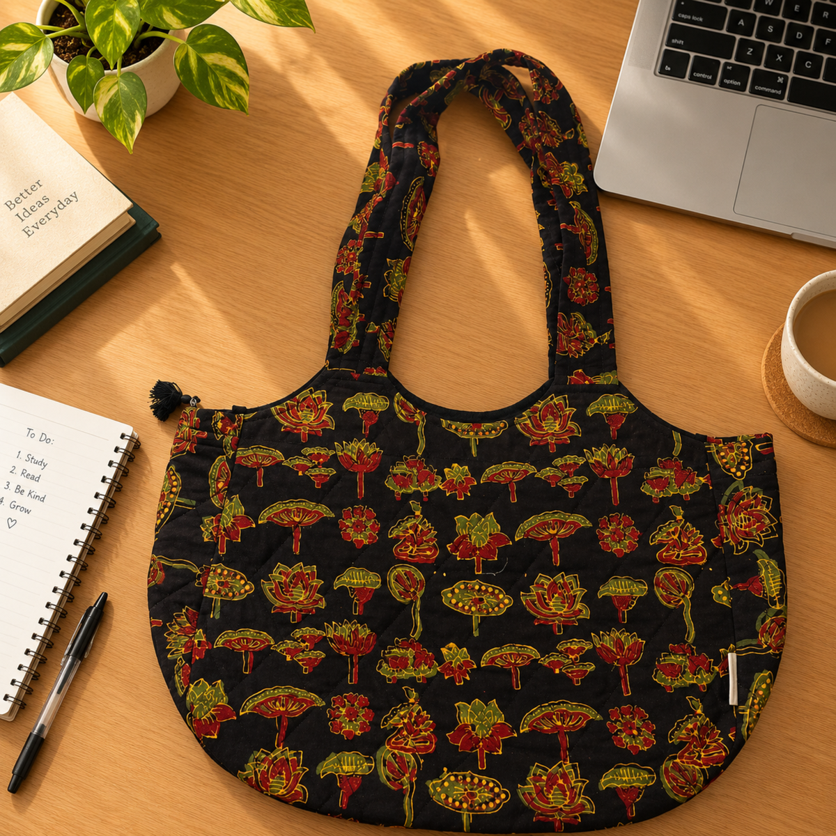 Black Ajrakh Boat Curve Quilted Tote