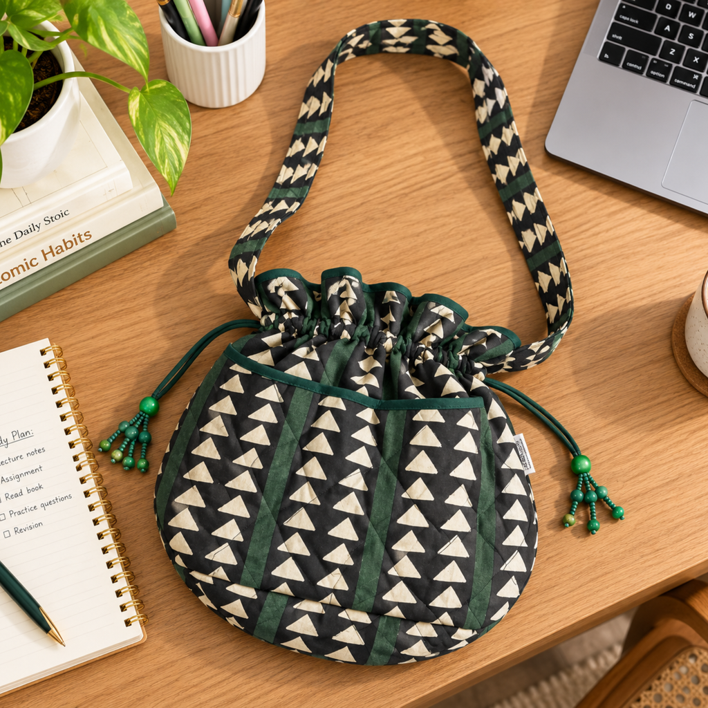 Green & Black Handblock Print Quilted Potli Bag