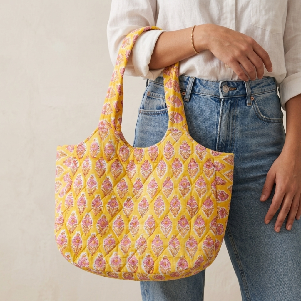 Yellow Handblock Boat Curve Quilted Tote