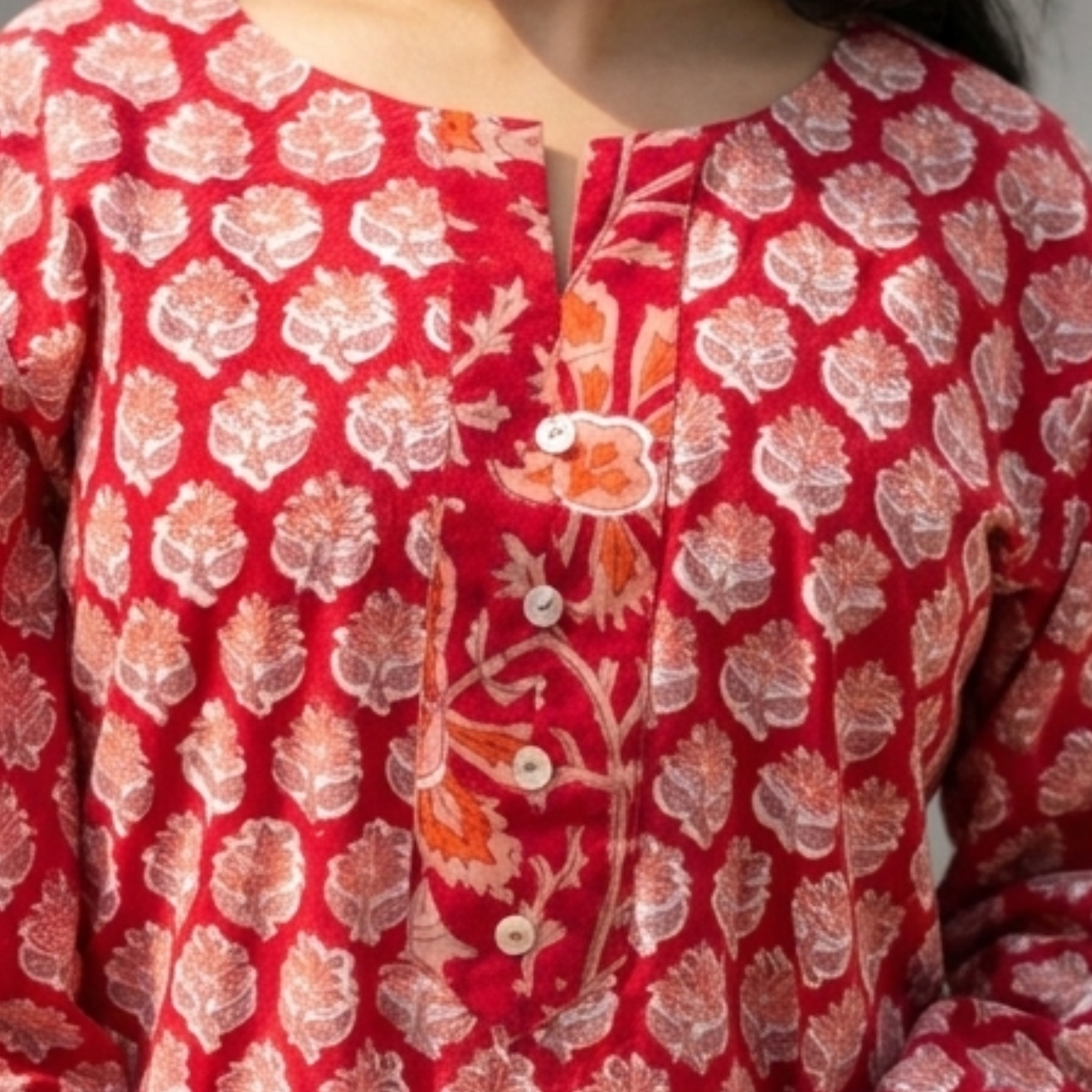 Red Floral Handblock Print Cotton Kurta