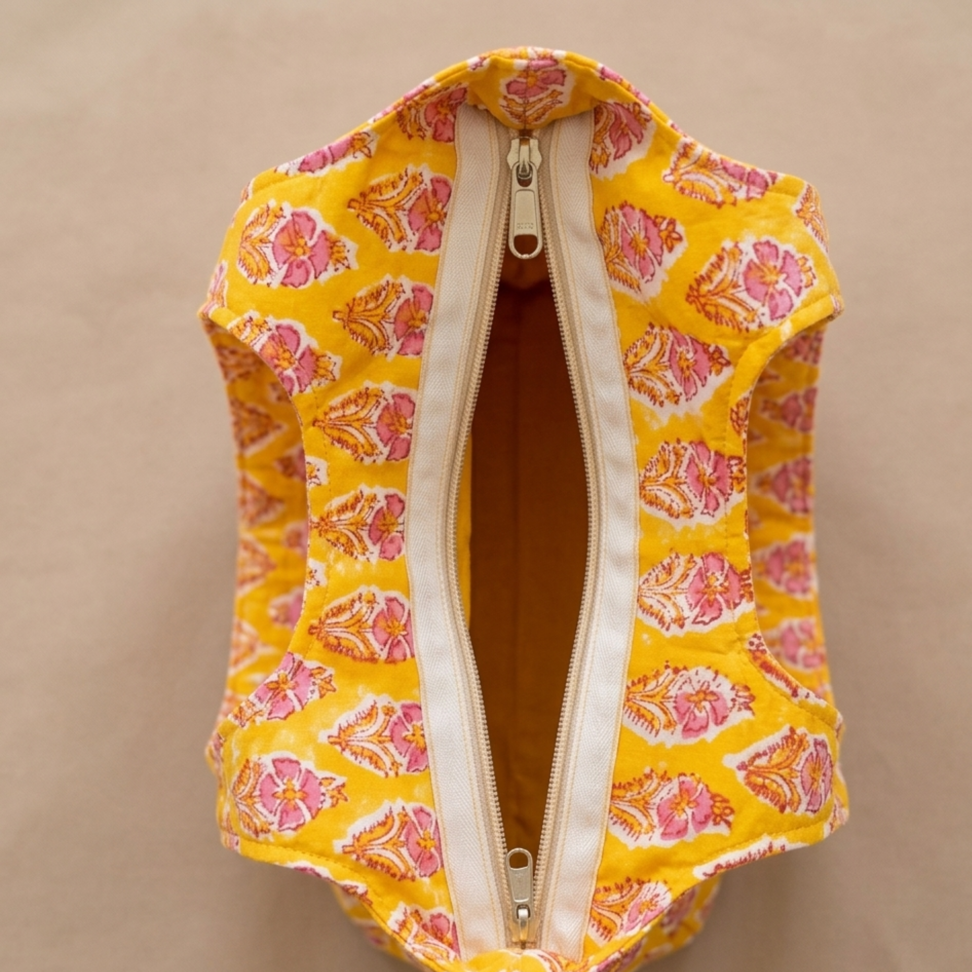 Yellow Handblock Boat Curve Quilted Tote